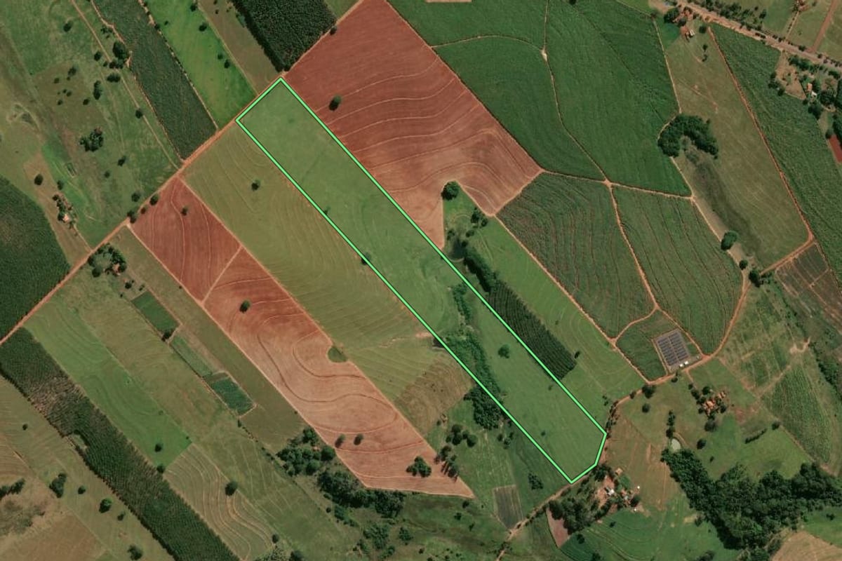 Imagem de satélite do imóvel rural em Piacatu (SP), com o contorno declarado no CAR desenhado por cima.