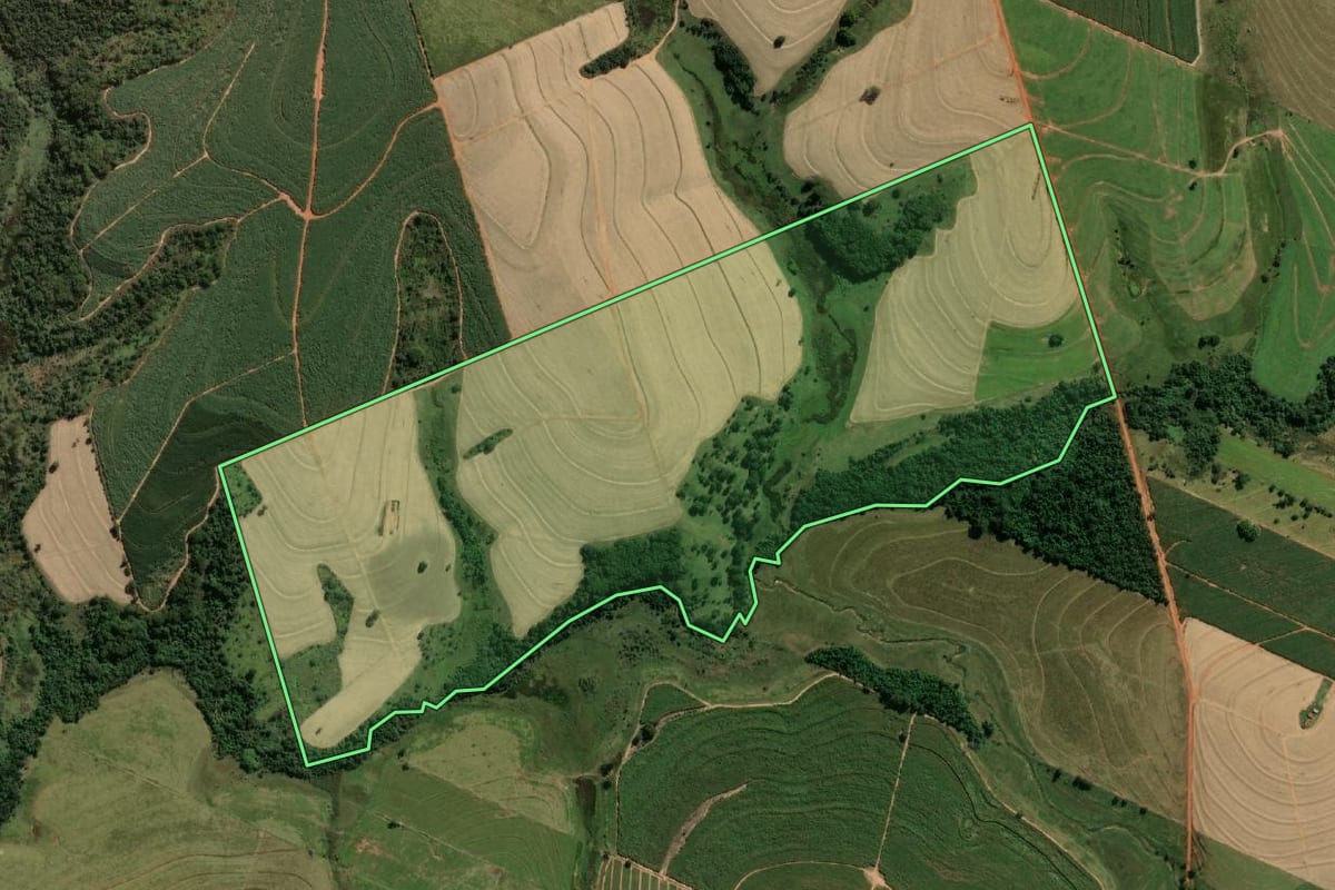 Imagem de satélite do imóvel rural em Piacatu (SP), com o contorno declarado no CAR desenhado por cima.