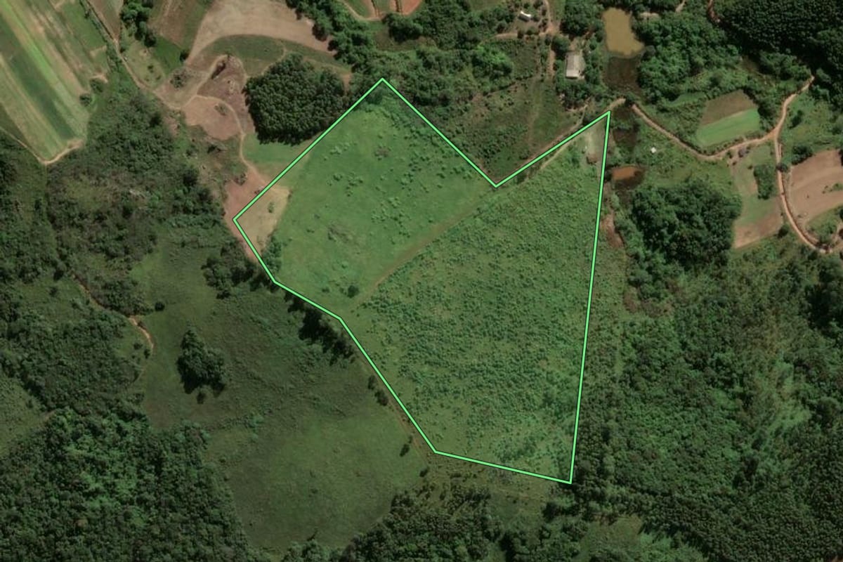 Imagem de satélite do imóvel rural em Piedade (SP), com o contorno declarado no CAR desenhado por cima.