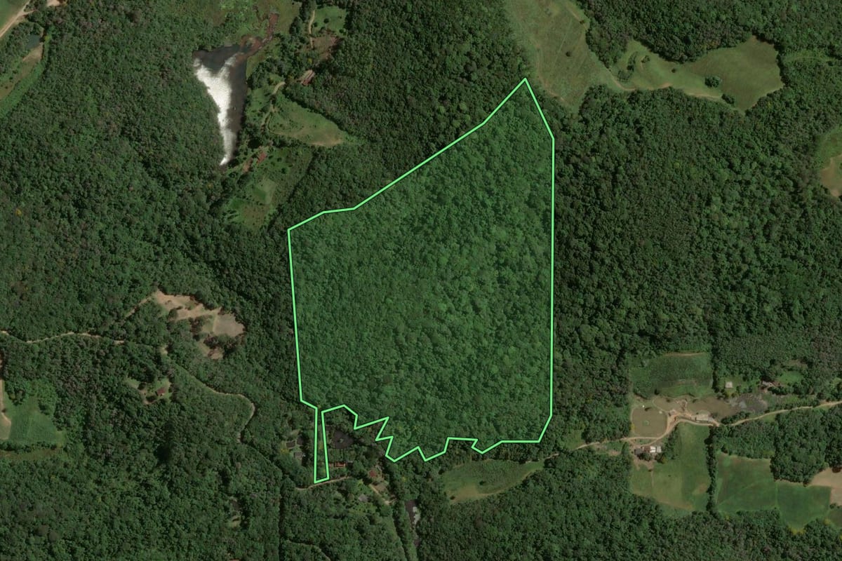 Imagem de satélite do imóvel rural em Piedade (SP), com o contorno declarado no CAR desenhado por cima.