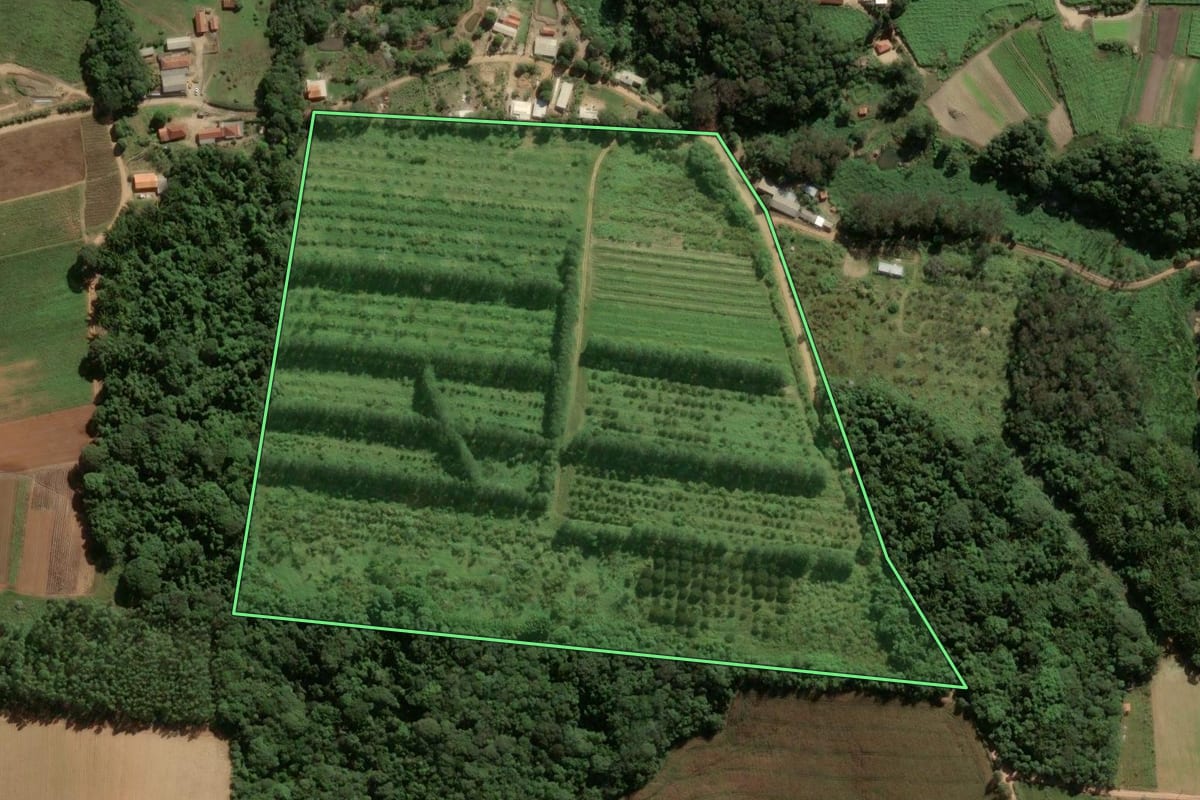 Imagem de satélite do imóvel rural em Piedade (SP), com o contorno declarado no CAR desenhado por cima.