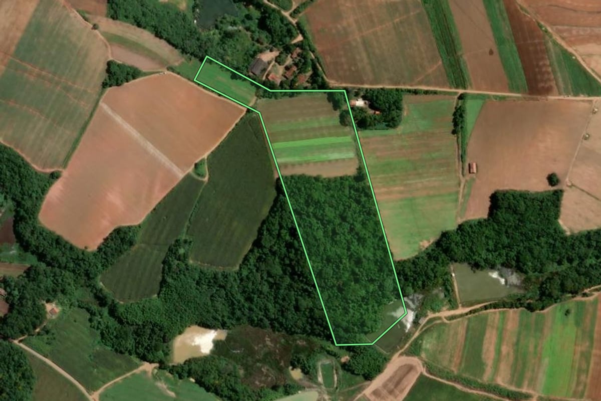 Imagem de satélite do imóvel rural em Piedade (SP), com o contorno declarado no CAR desenhado por cima.