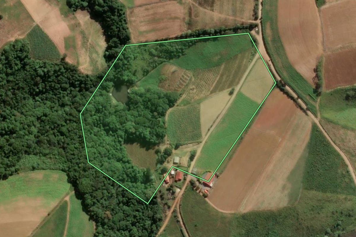 Imagem de satélite do imóvel rural em Piedade (SP), com o contorno declarado no CAR desenhado por cima.