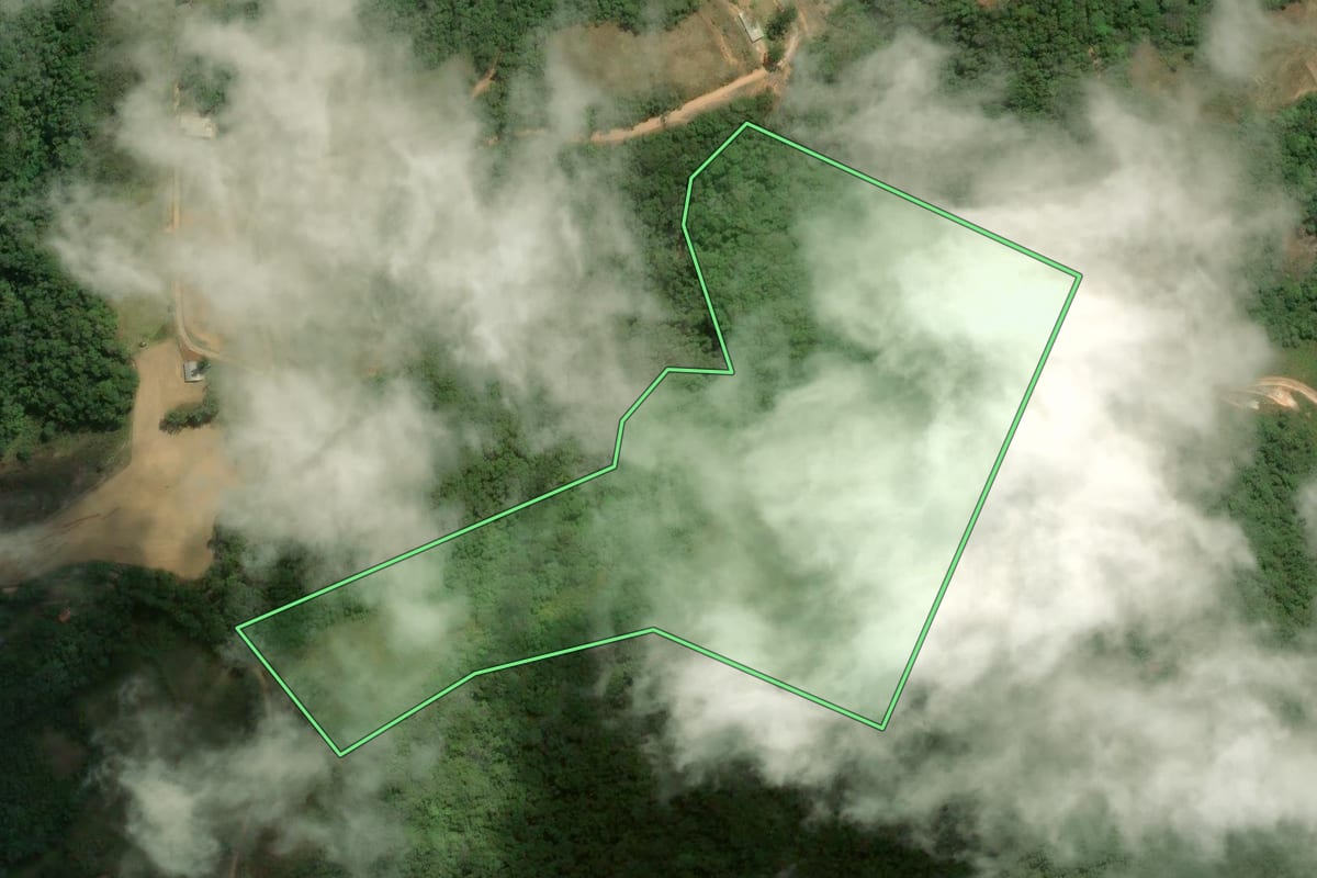 Imagem de satélite do imóvel rural em Piedade (SP), com o contorno declarado no CAR desenhado por cima.