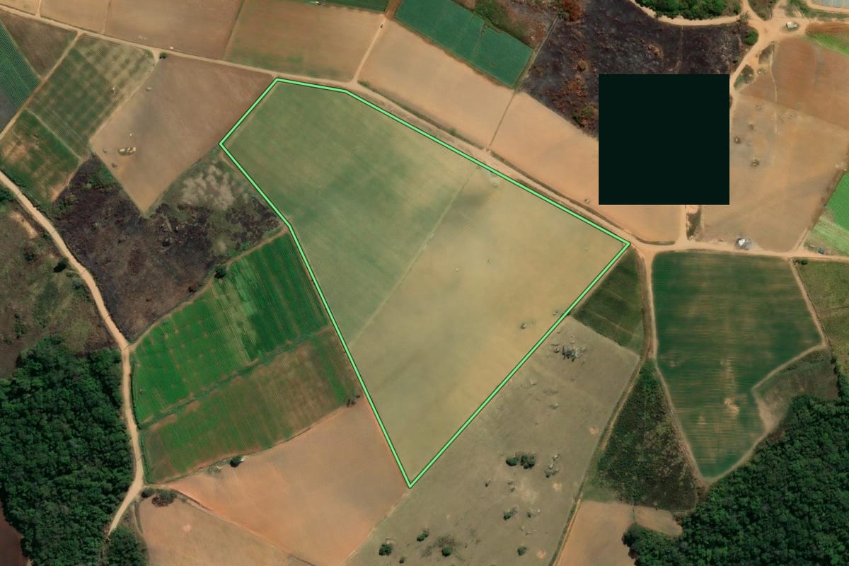 Imagem de satélite do imóvel rural em Piedade (SP), com o contorno declarado no CAR desenhado por cima.