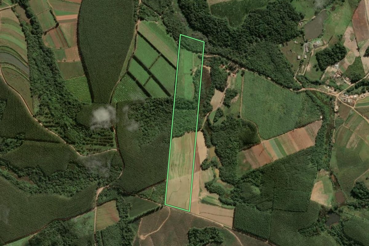 Imagem de satélite do imóvel rural em Piedade (SP), com o contorno declarado no CAR desenhado por cima.