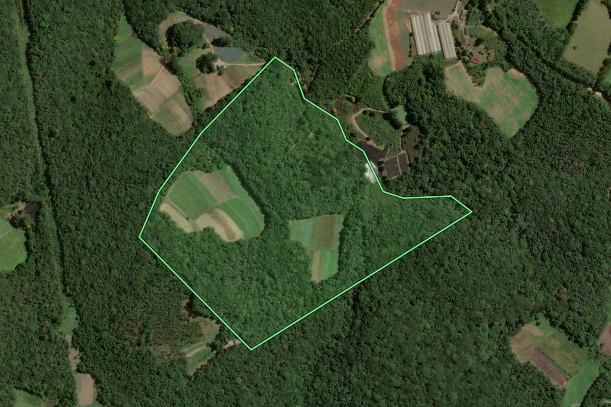 Imagem de satélite do imóvel rural em Piedade (SP), com o contorno declarado no CAR desenhado por cima.