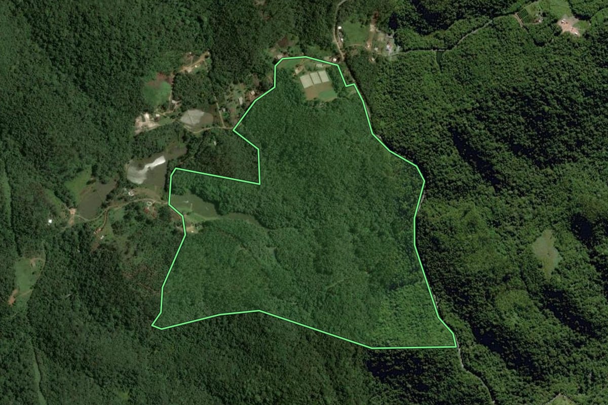 Imagem de satélite do imóvel rural em Piedade (SP), com o contorno declarado no CAR desenhado por cima.