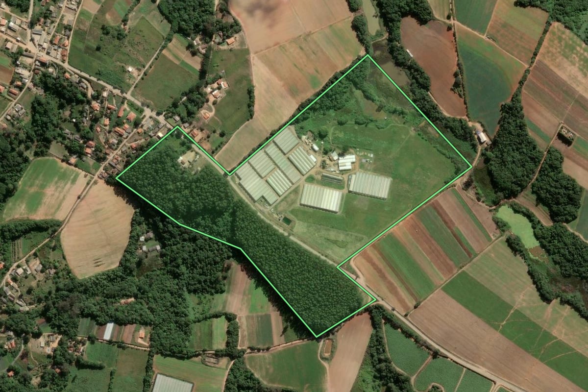 Imagem de satélite do imóvel rural em Piedade (SP), com o contorno declarado no CAR desenhado por cima.