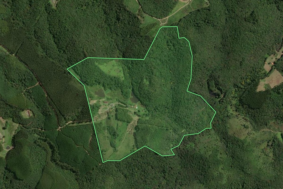 Imagem de satélite do imóvel rural em Piedade (SP), com o contorno declarado no CAR desenhado por cima.