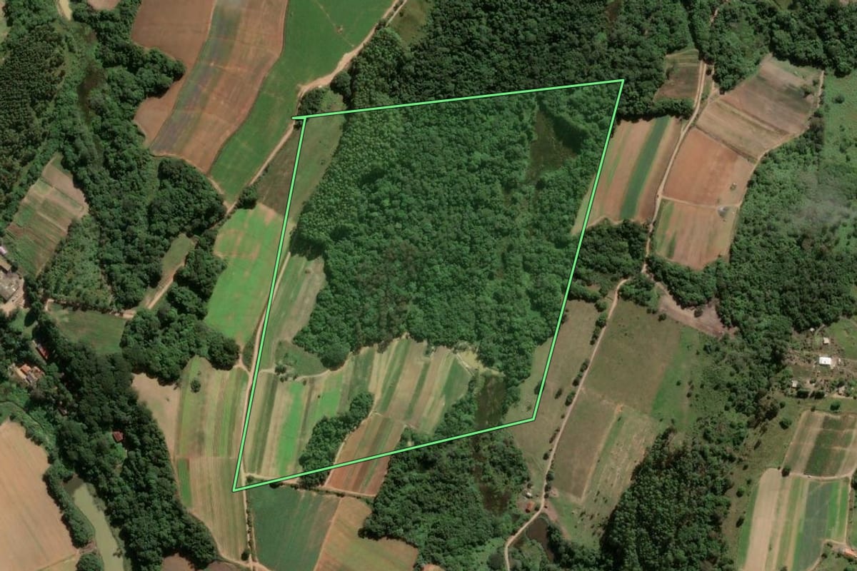 Imagem de satélite do imóvel rural em Piedade (SP), com o contorno declarado no CAR desenhado por cima.