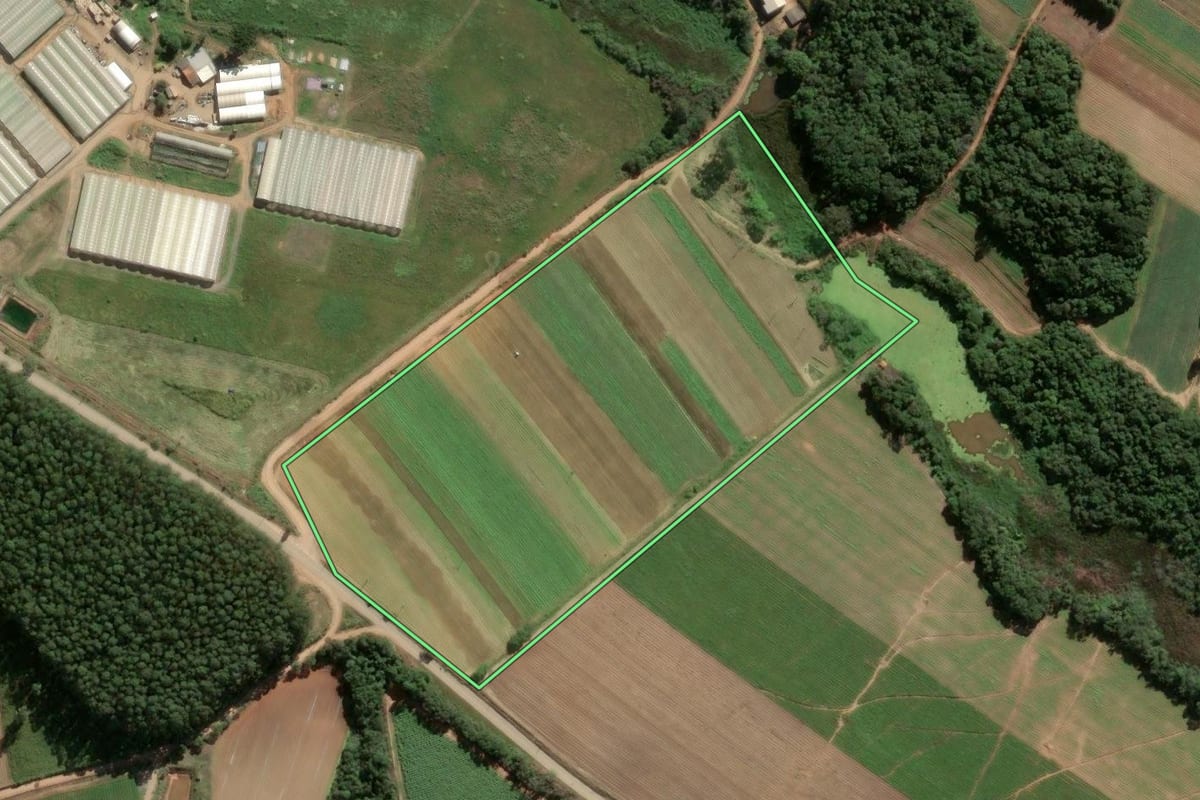 Imagem de satélite do imóvel rural em Piedade (SP), com o contorno declarado no CAR desenhado por cima.