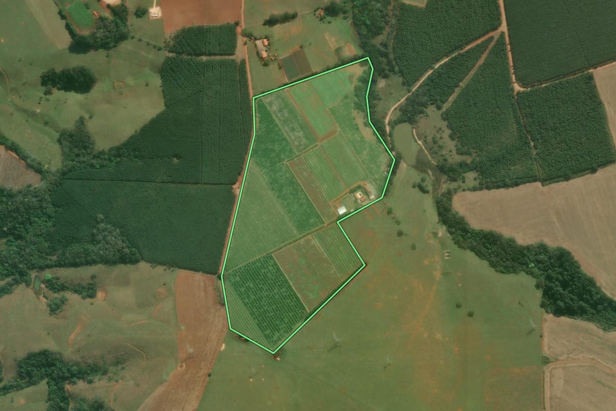 Imagem de satélite do imóvel rural em Pilar do Sul (SP), com o contorno declarado no CAR desenhado por cima.
