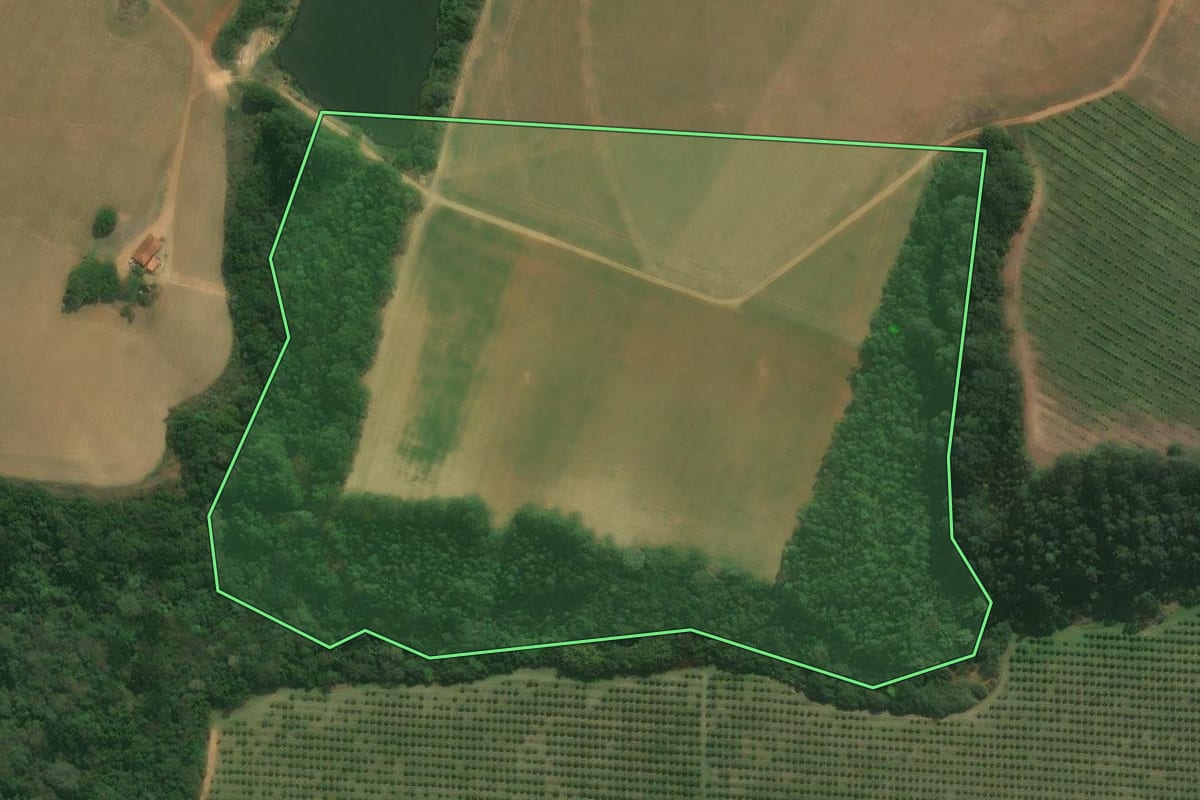 Imagem de satélite do imóvel rural em Pilar do Sul (SP), com o contorno declarado no CAR desenhado por cima.