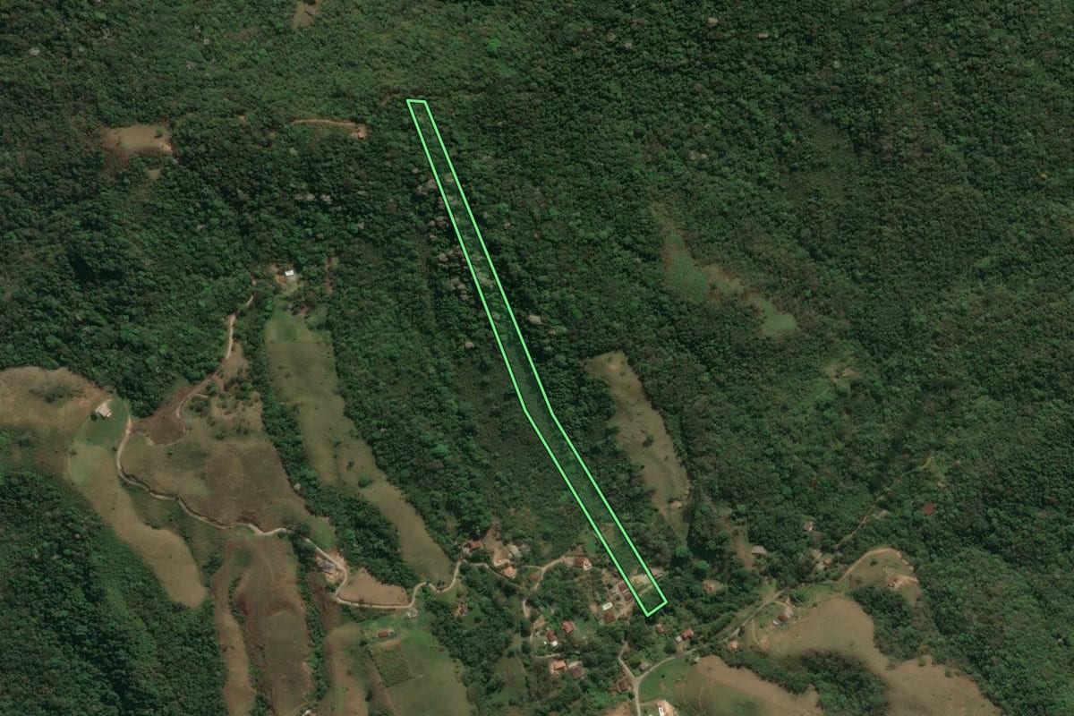 Imagem de satélite do imóvel rural em Pindamonhangaba (SP), com o contorno declarado no CAR desenhado por cima.