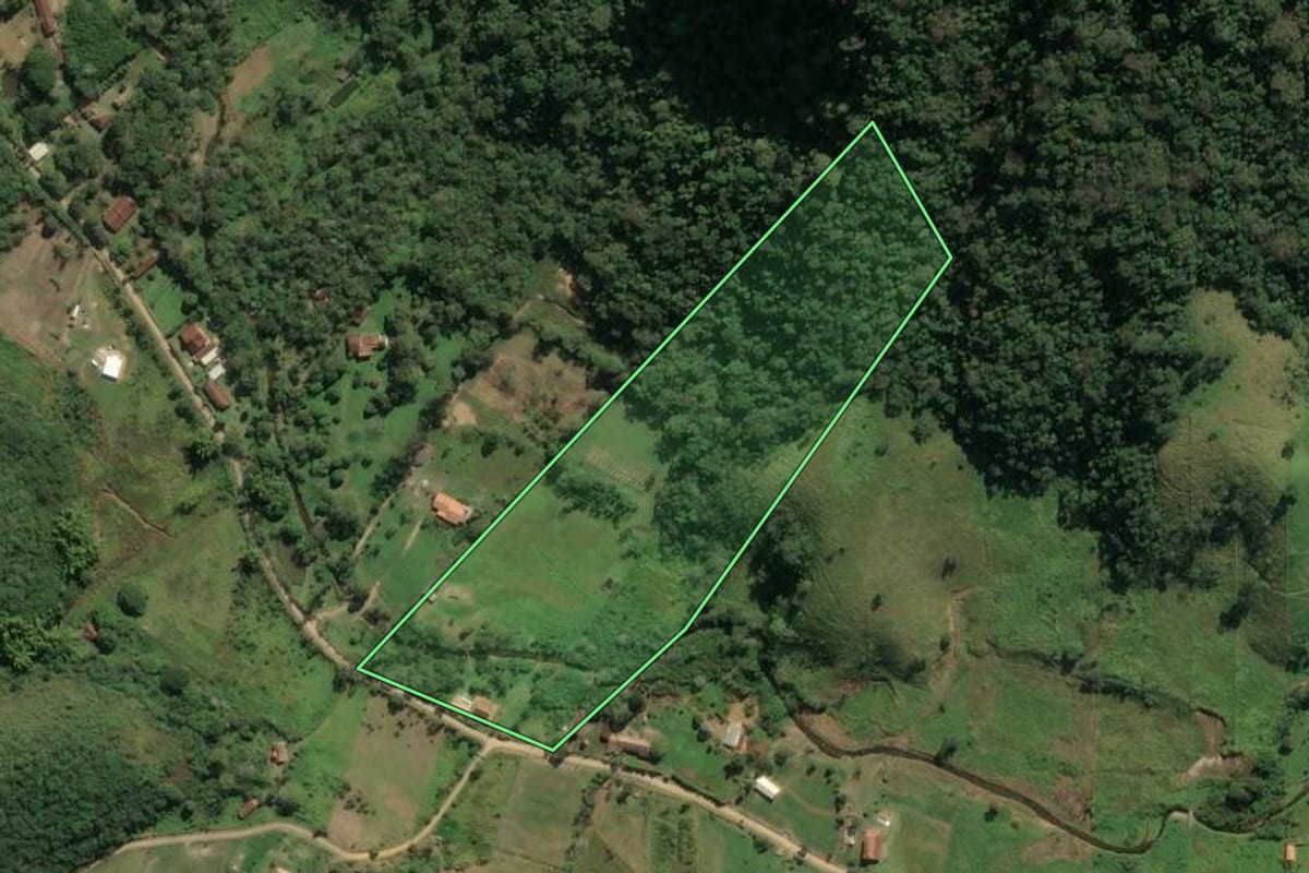 Imagem de satélite do imóvel rural em Pindamonhangaba (SP), com o contorno declarado no CAR desenhado por cima.