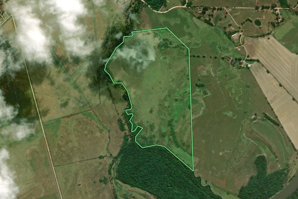 Imagem de satélite do imóvel rural em Pindamonhangaba (SP), com o contorno declarado no CAR desenhado por cima.