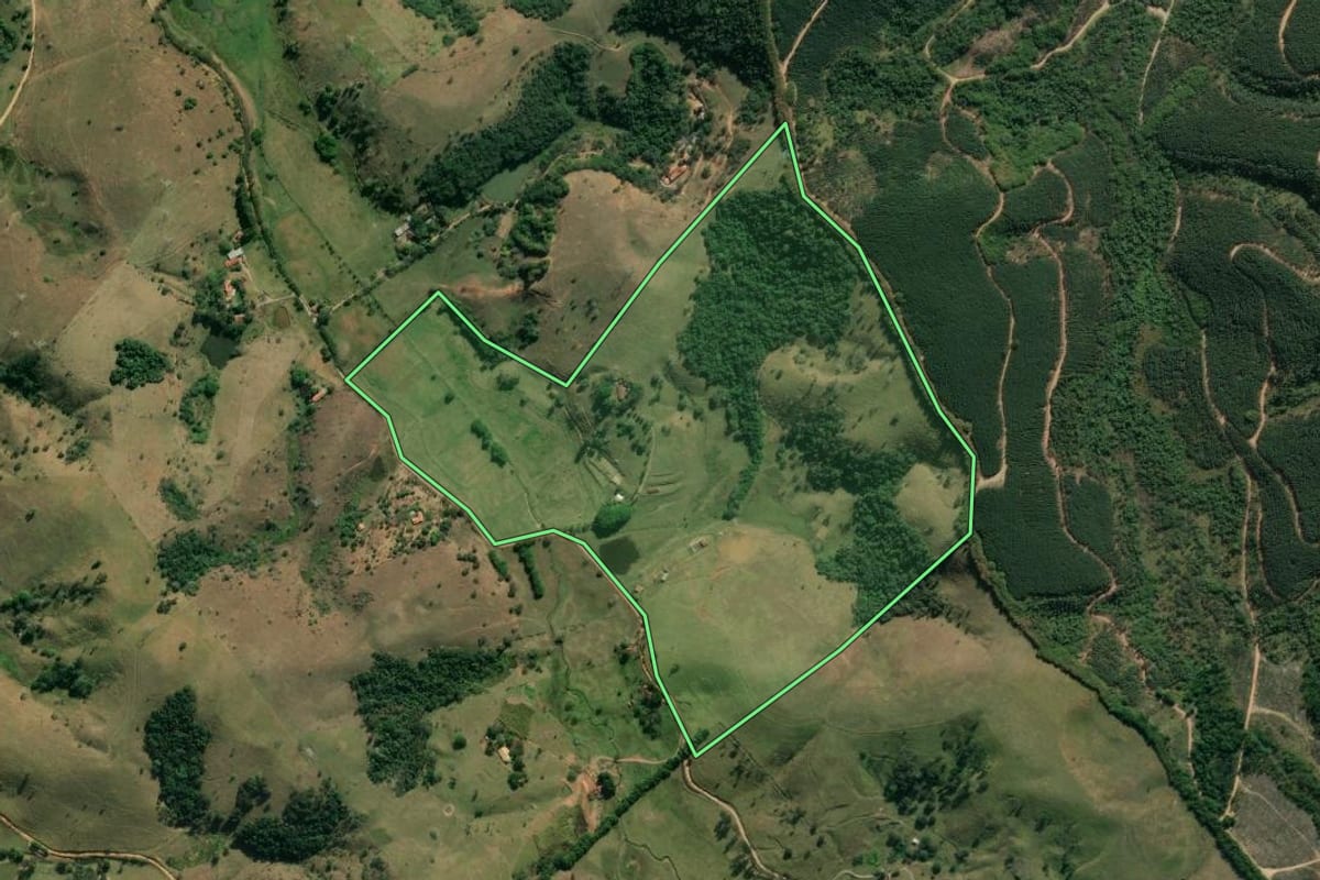 Imagem de satélite do imóvel rural em Pindamonhangaba (SP), com o contorno declarado no CAR desenhado por cima.
