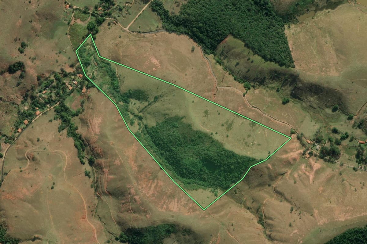 Imagem de satélite do imóvel rural em Pindamonhangaba (SP), com o contorno declarado no CAR desenhado por cima.