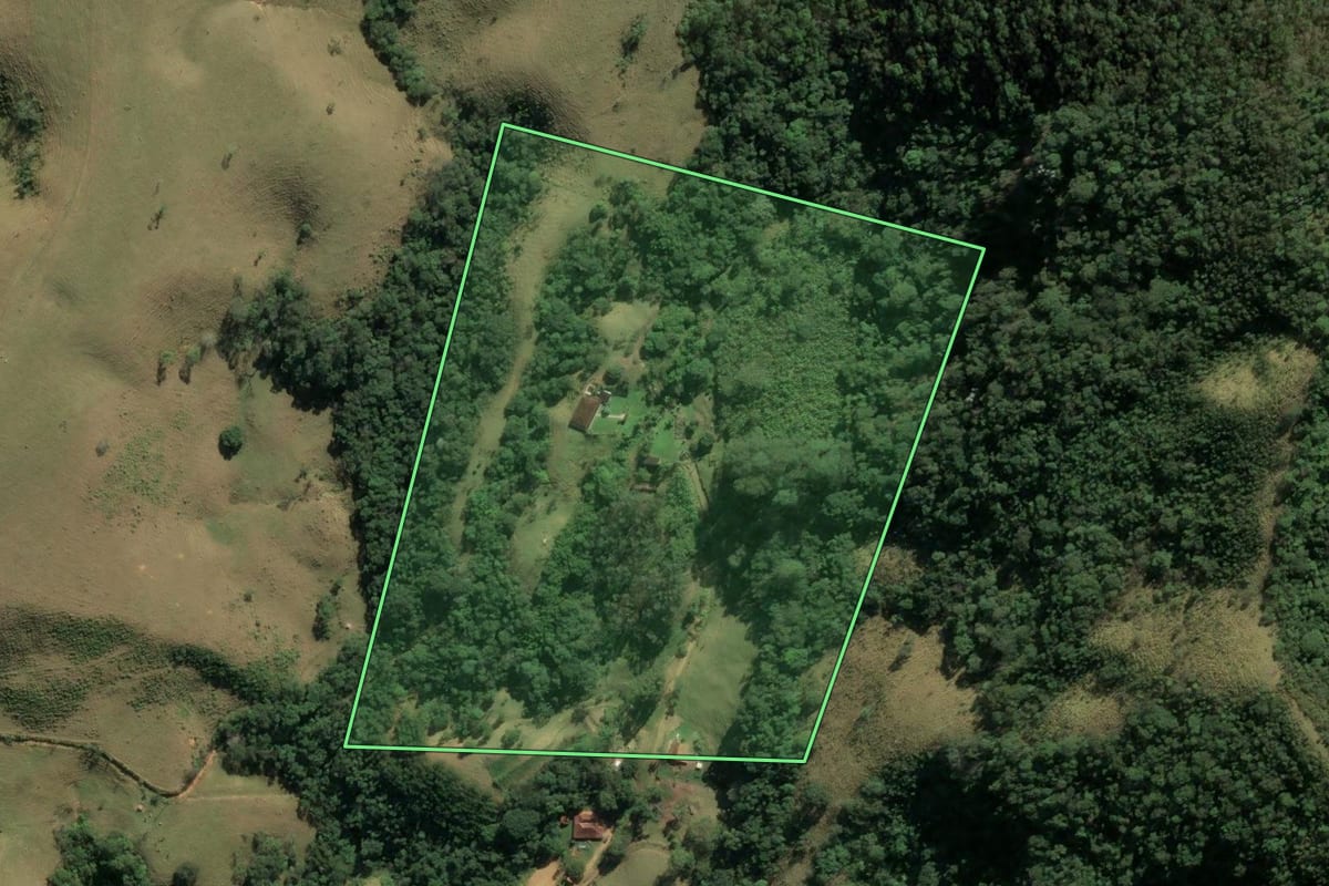 Imagem de satélite do imóvel rural em Pindamonhangaba (SP), com o contorno declarado no CAR desenhado por cima.