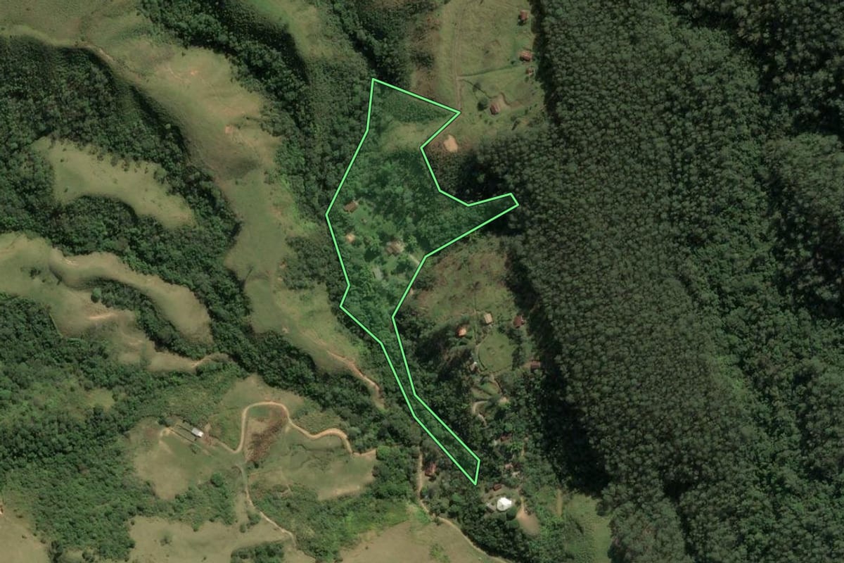 Imagem de satélite do imóvel rural em Pindamonhangaba (SP), com o contorno declarado no CAR desenhado por cima.