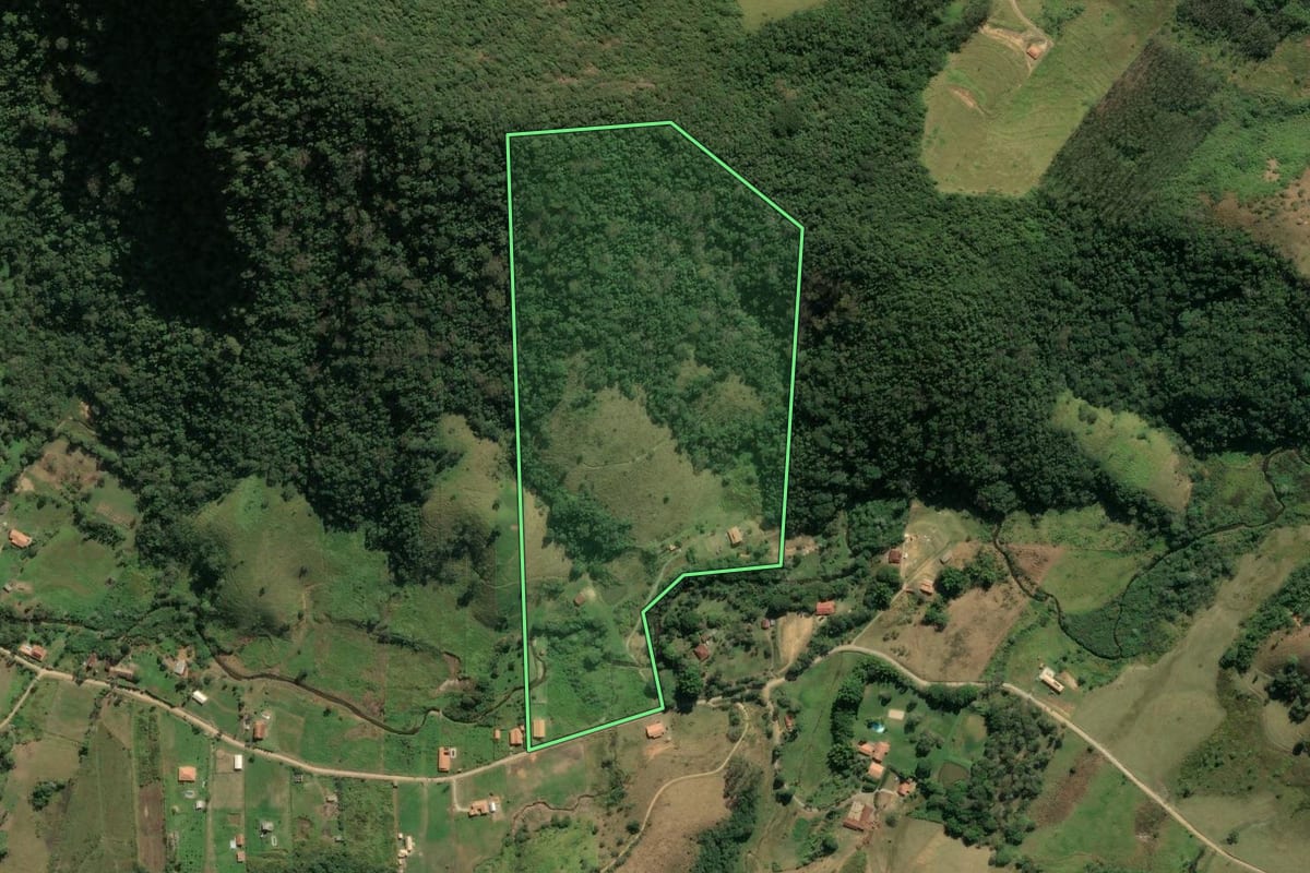 Imagem de satélite do imóvel rural em Pindamonhangaba (SP), com o contorno declarado no CAR desenhado por cima.
