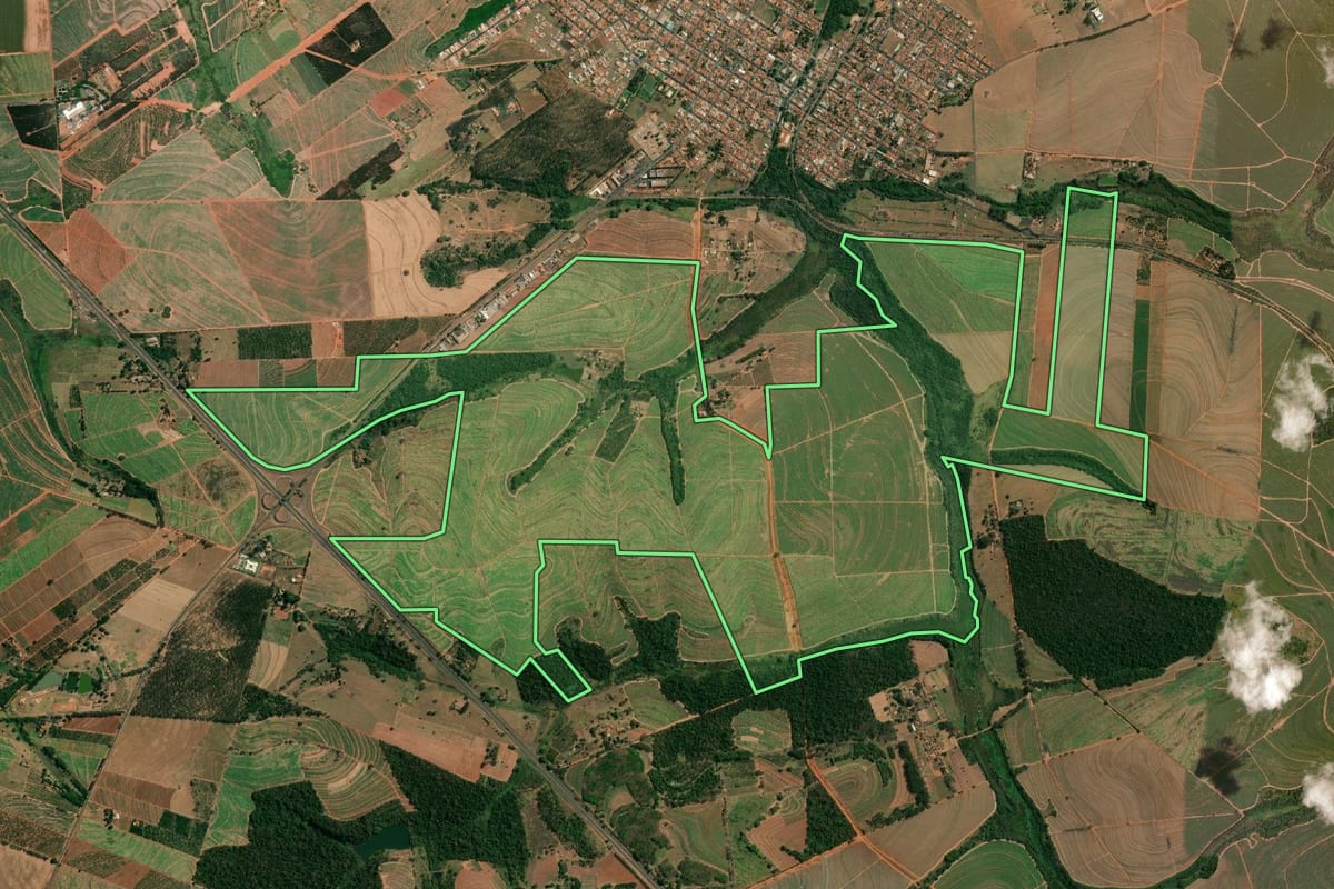 Imagem de satélite do imóvel rural em Pindorama (SP), com o contorno declarado no CAR desenhado por cima.