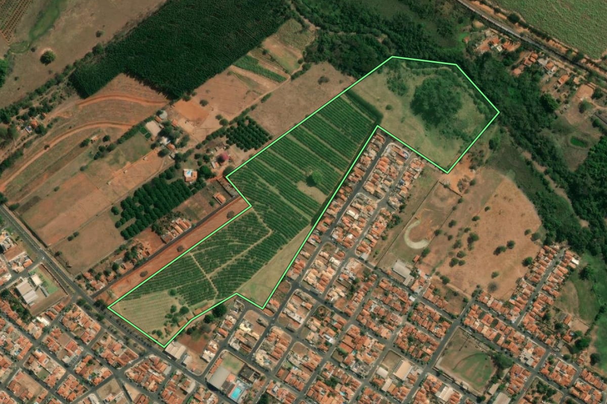 Imagem de satélite do imóvel rural em Pindorama (SP), com o contorno declarado no CAR desenhado por cima.