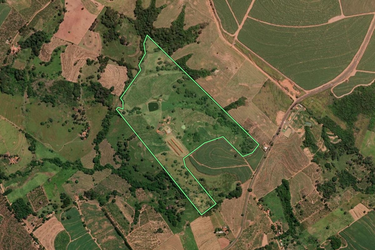 Imagem de satélite do imóvel rural em Pindorama (SP), com o contorno declarado no CAR desenhado por cima.