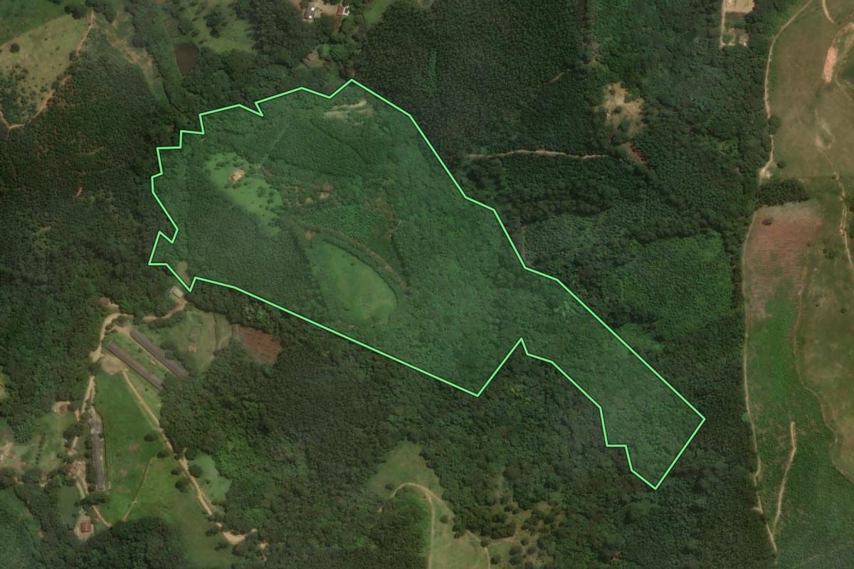 Imagem de satélite do imóvel rural em Pinhalzinho (SP), com o contorno declarado no CAR desenhado por cima.