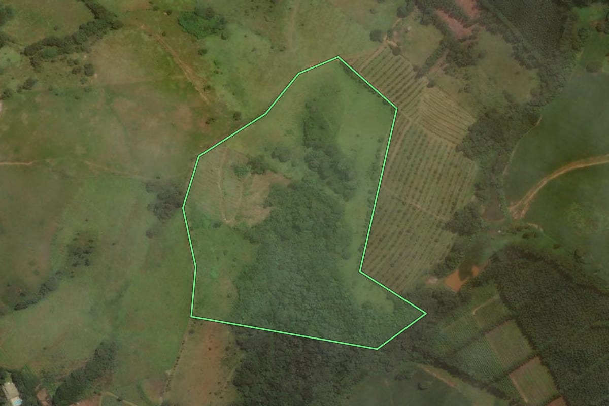 Imagem de satélite do imóvel rural em Pinhalzinho (SP), com o contorno declarado no CAR desenhado por cima.