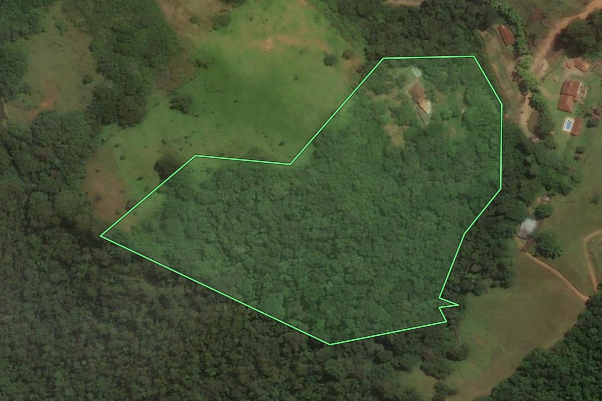 Imagem de satélite do imóvel rural em Pinhalzinho (SP), com o contorno declarado no CAR desenhado por cima.