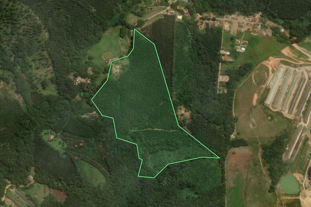 Imagem de satélite do imóvel rural em Pinhalzinho (SP), com o contorno declarado no CAR desenhado por cima.