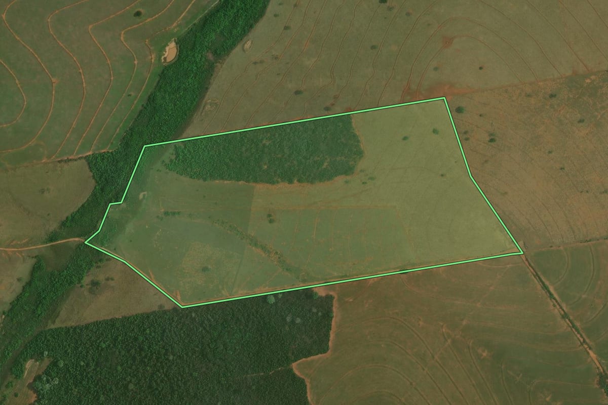 Imagem de satélite do imóvel rural em Piquerobi (SP), com o contorno declarado no CAR desenhado por cima.