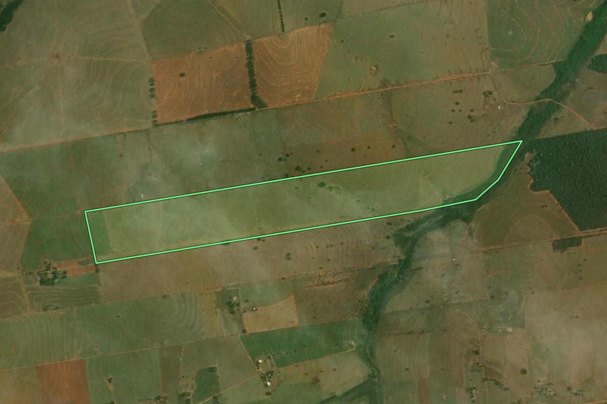 Imagem de satélite do imóvel rural em Piquerobi (SP), com o contorno declarado no CAR desenhado por cima.