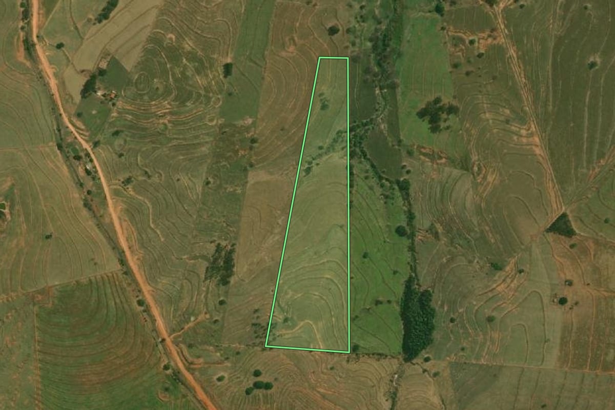 Imagem de satélite do imóvel rural em Piquerobi (SP), com o contorno declarado no CAR desenhado por cima.