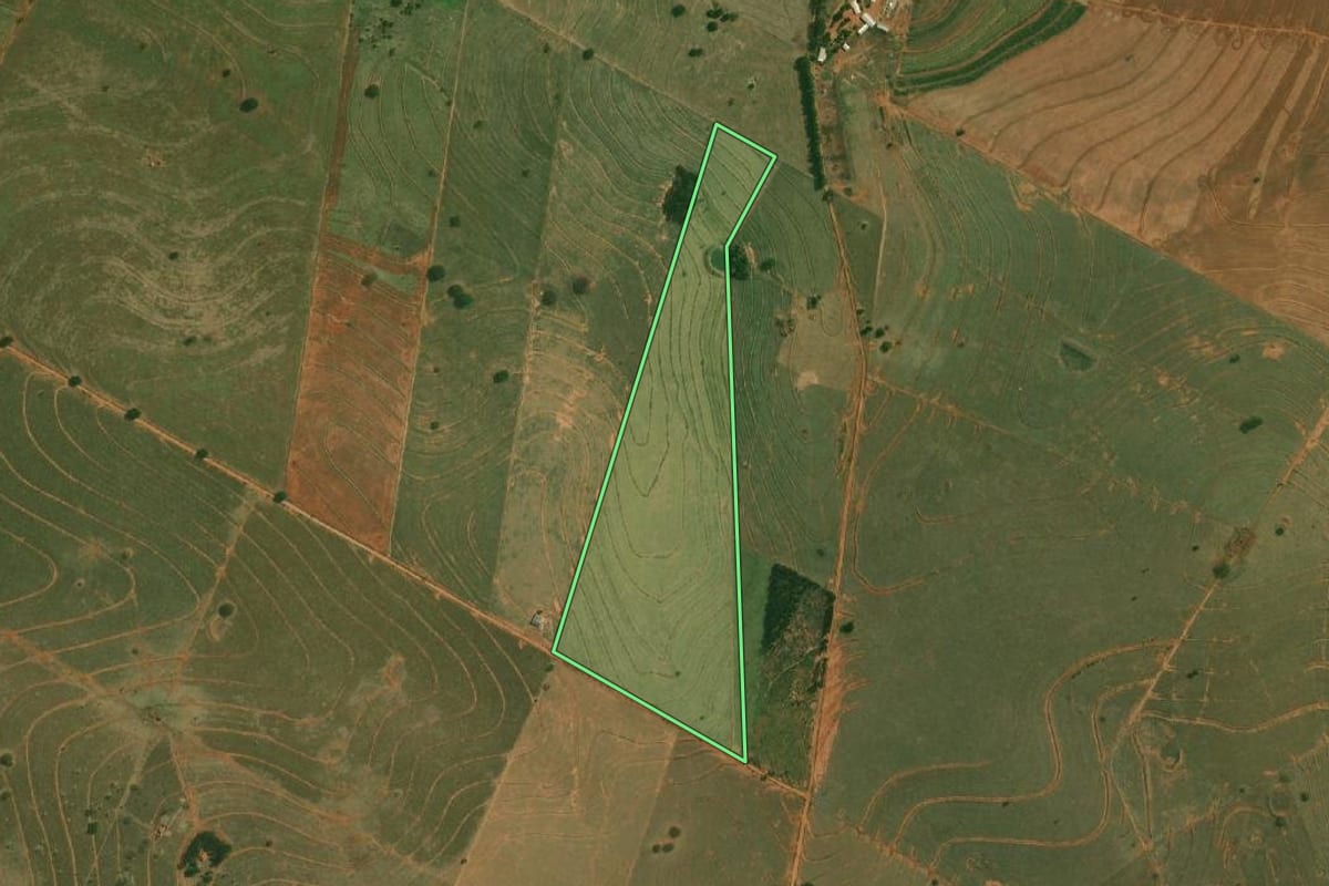 Imagem de satélite do imóvel rural em Piquerobi (SP), com o contorno declarado no CAR desenhado por cima.