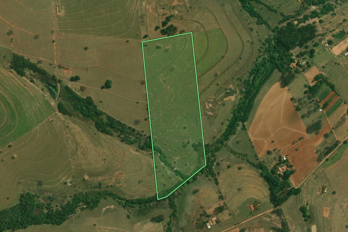Imagem de satélite do imóvel rural em Piquerobi (SP), com o contorno declarado no CAR desenhado por cima.