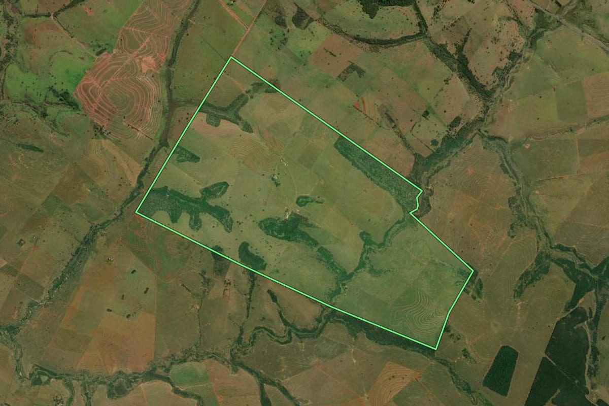Imagem de satélite do imóvel rural em Piquerobi (SP), com o contorno declarado no CAR desenhado por cima.