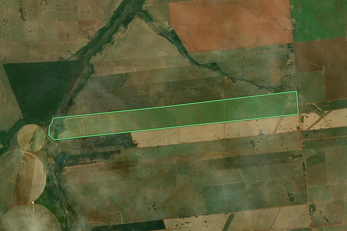 Imagem de satélite do imóvel rural em Piquerobi (SP), com o contorno declarado no CAR desenhado por cima.