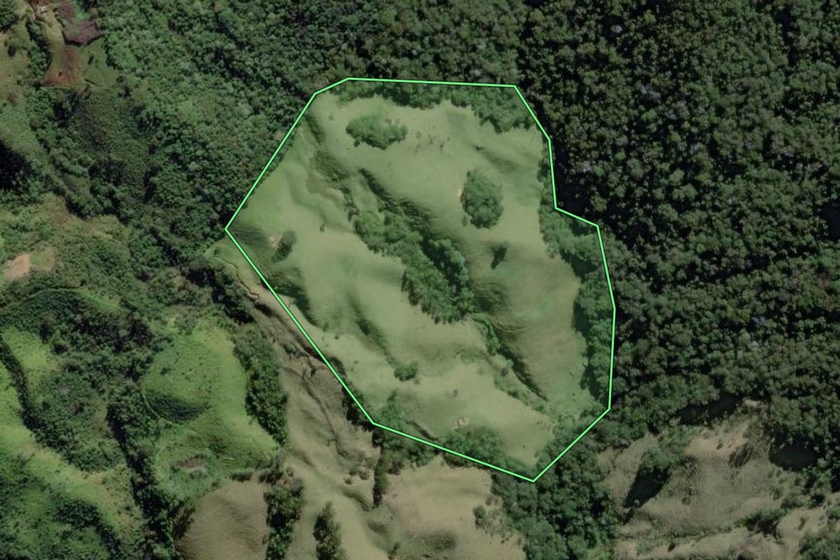 Imagem de satélite do imóvel rural em Piquete (SP), com o contorno declarado no CAR desenhado por cima.