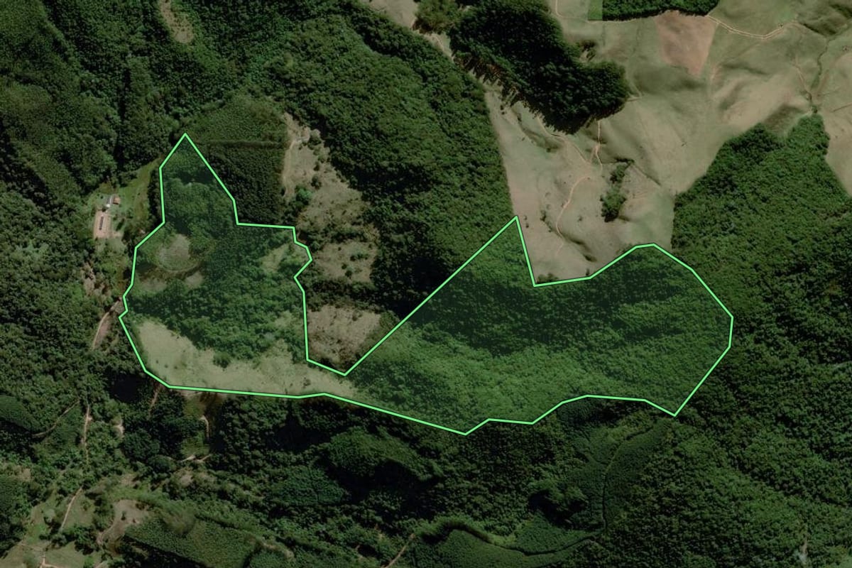 Imagem de satélite do imóvel rural em Piracaia (SP), com o contorno declarado no CAR desenhado por cima.