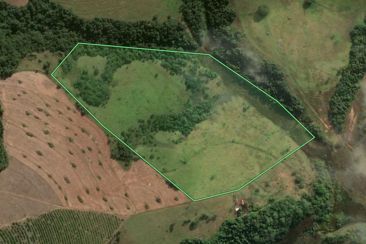 Imagem de satélite do imóvel rural em Piracicaba (SP), com o contorno declarado no CAR desenhado por cima.