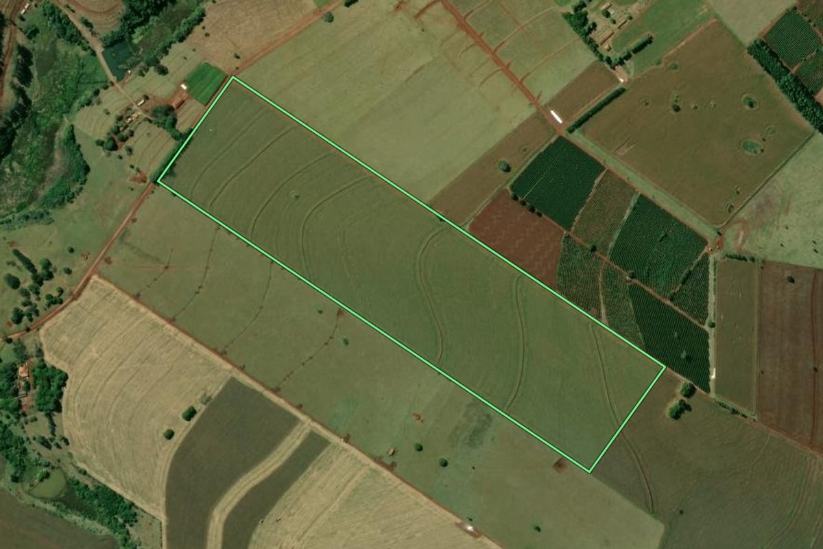 Imagem de satélite do imóvel rural em Piraju (SP), com o contorno declarado no CAR desenhado por cima.