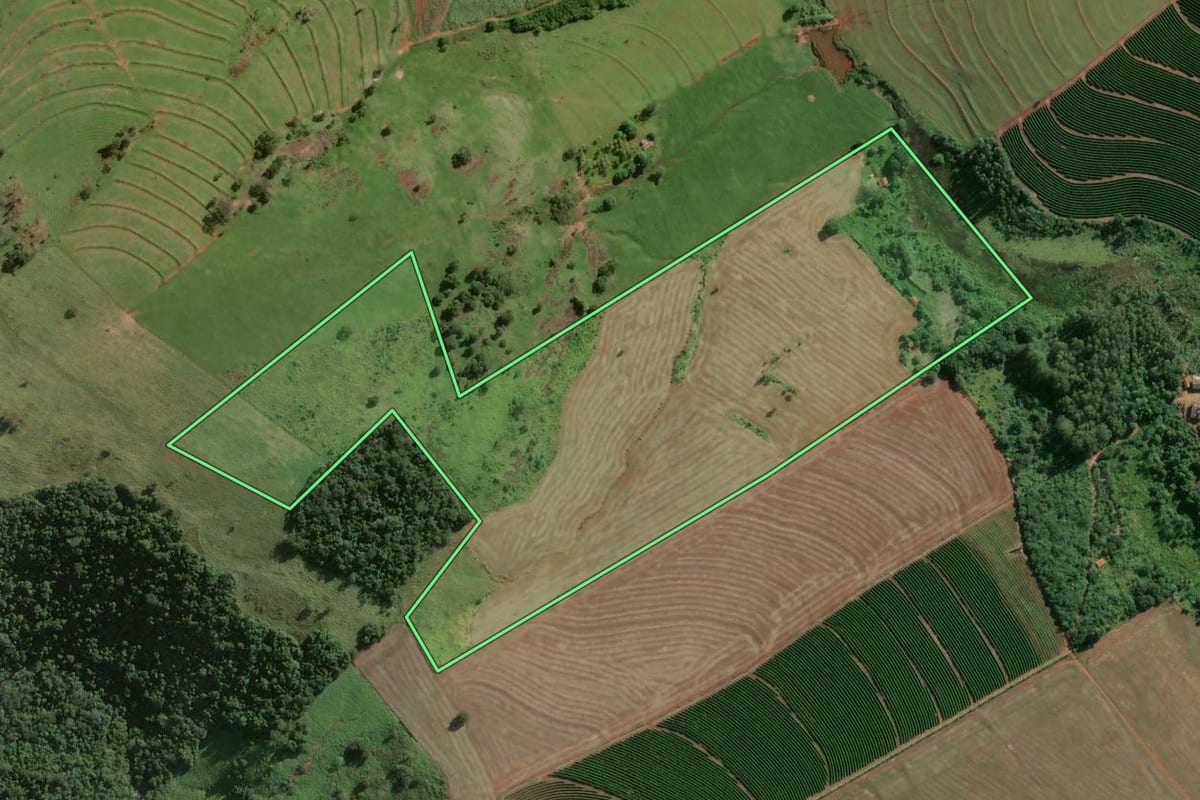 Imagem de satélite do imóvel rural em Piraju (SP), com o contorno declarado no CAR desenhado por cima.