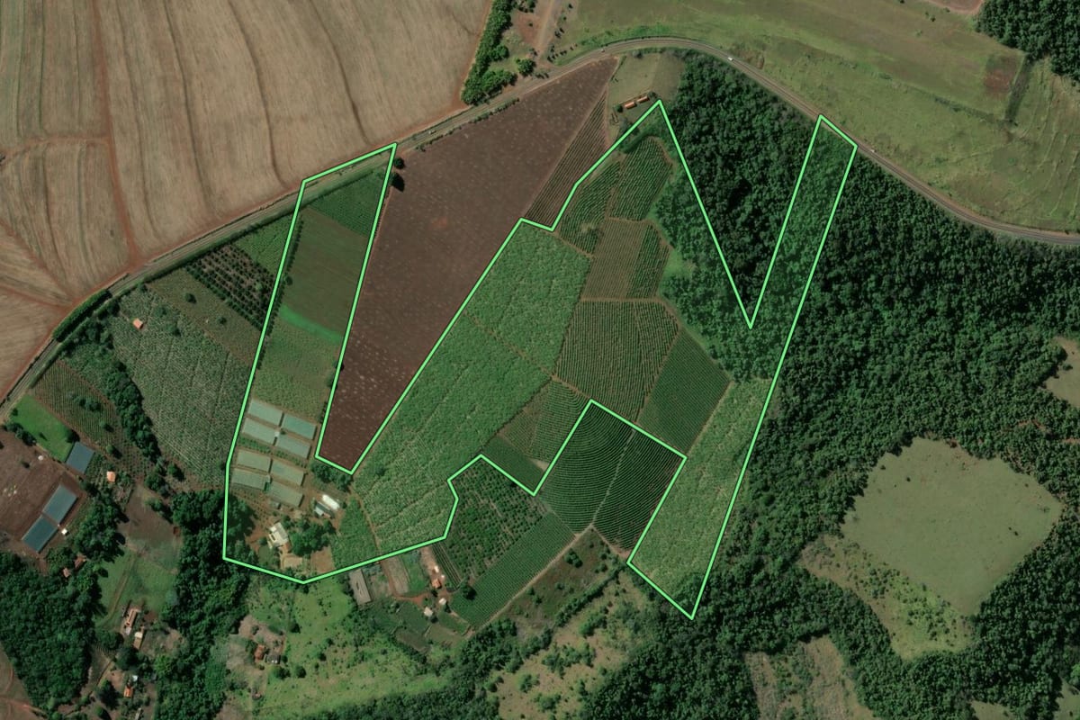 Imagem de satélite do imóvel rural em Piraju (SP), com o contorno declarado no CAR desenhado por cima.