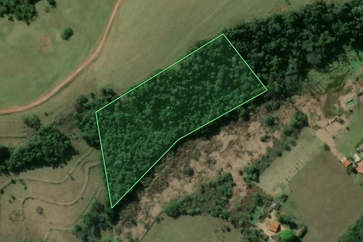 Imagem de satélite do imóvel rural em Piraju (SP), com o contorno declarado no CAR desenhado por cima.