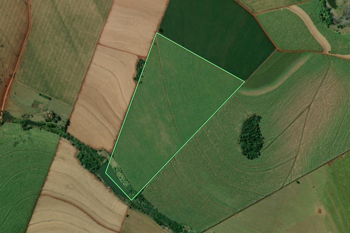 Imagem de satélite do imóvel rural em Piraju (SP), com o contorno declarado no CAR desenhado por cima.