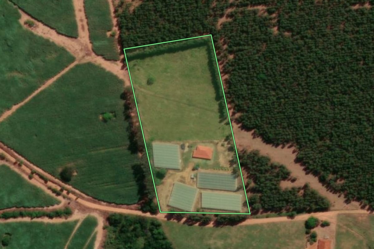 Imagem de satélite do imóvel rural em Pirajuí (SP), com o contorno declarado no CAR desenhado por cima.