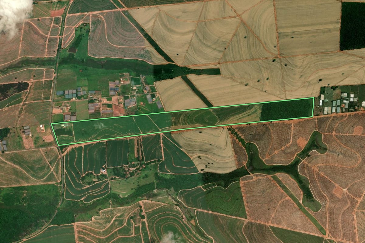 Imagem de satélite do imóvel rural em Pirajuí (SP), com o contorno declarado no CAR desenhado por cima.